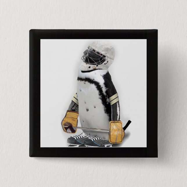 Little  Penguin Wearing Hockey Gear 2 Inch Square Button (Front)