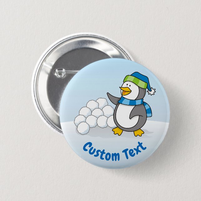 Little penguin with snow balls waving 2 inch round button (Front & Back)