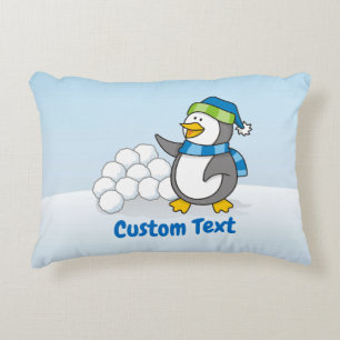 Little penguin with snow balls waving accent pillow