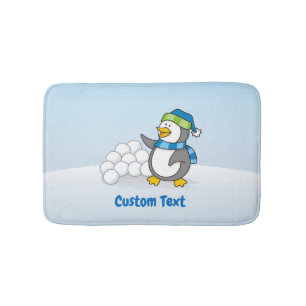 Little penguin with snow balls waving bath mat
