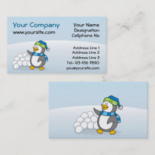 Little penguin with snow balls waving business card