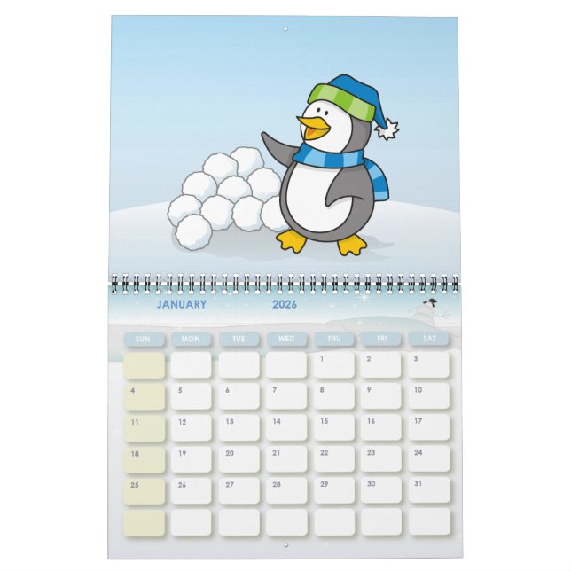 Little penguin with snow balls waving calendar (Jan 2026)