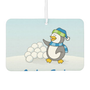 Little penguin with snow balls waving car air fres freshener