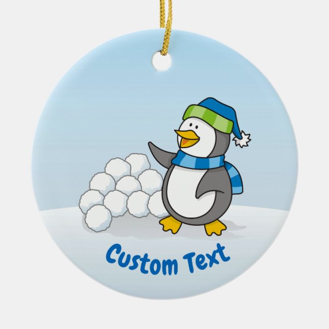 Little Penguin with Snow Balls Waving Ceramic Ornament (Front)