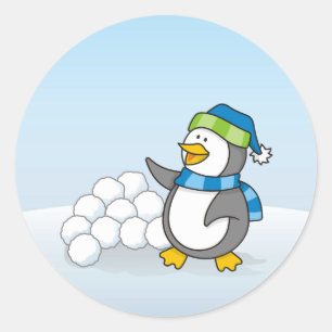 Little penguin with snow balls waving classic round sticker