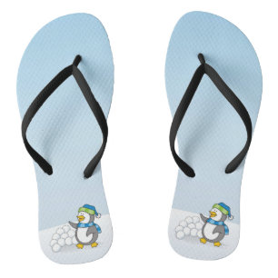 Little penguin with snow balls waving flip flops