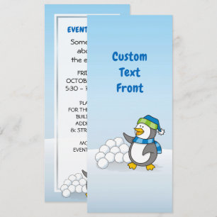 Little penguin with snow balls waving invitation