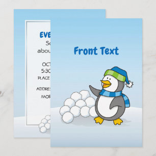 Little penguin with snow balls waving invitation