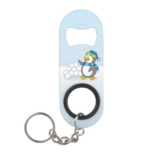 Little penguin with snow balls waving keychain bot bottle opener