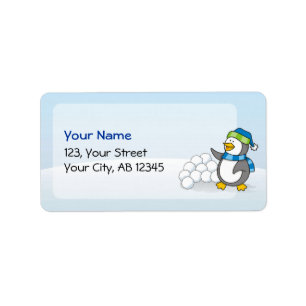 Little penguin with snow balls waving label