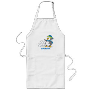 Little penguin with snow balls waving long apron
