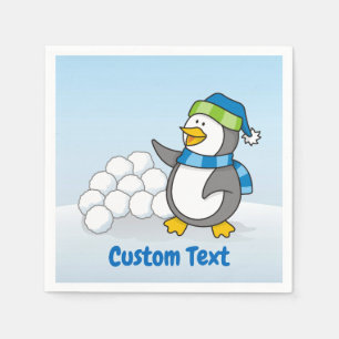 Little penguin with snow balls waving napkin