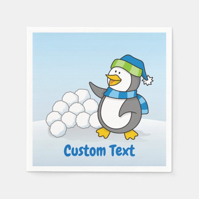 Little penguin with snow balls waving napkin (Front)