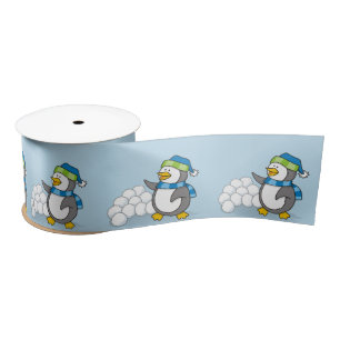 Little penguin with snow balls waving satin ribbon