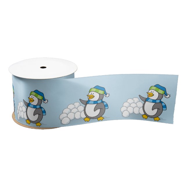Little penguin with snow balls waving satin ribbon (Spool)