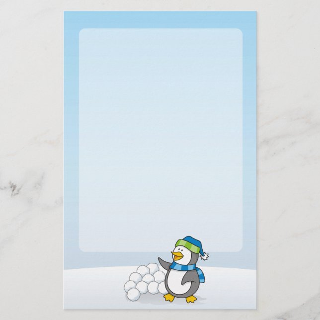 Little penguin with snow balls waving stationery (Front)