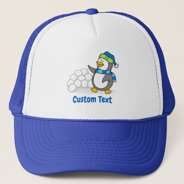 Little penguin with snow balls waving trucker hat (Front)
