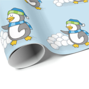 Little penguin with snow balls waving wrapping pap paper