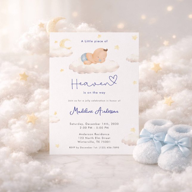 Little Piece of Heaven Moon Cloud Baby Boy Shower Invitation (Creator Uploaded)