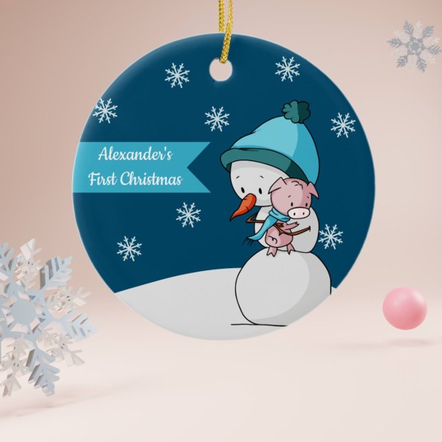 Little Pig and Snowman Hugging First Christmas Ceramic Ornament (Creator Uploaded)