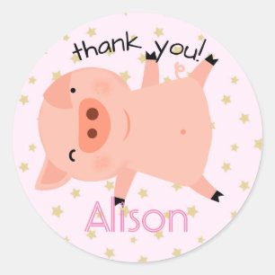 Little Piggy With Stars Thank You Pink Classic Round Sticker