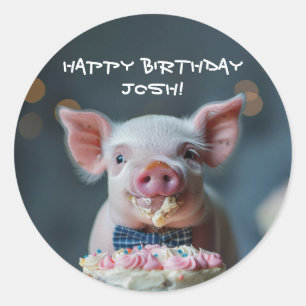 Little piglet munching on a birthday cake classic round sticker