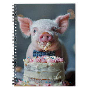 Little piglet munching on a birthday cake notebook