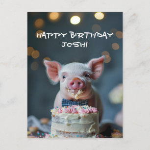 Little piglet munching on a birthday cake postcard