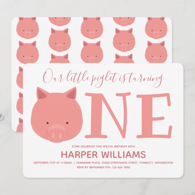 Little Piglet Turning One Animal First Birthday In Invitation (Front/Back)