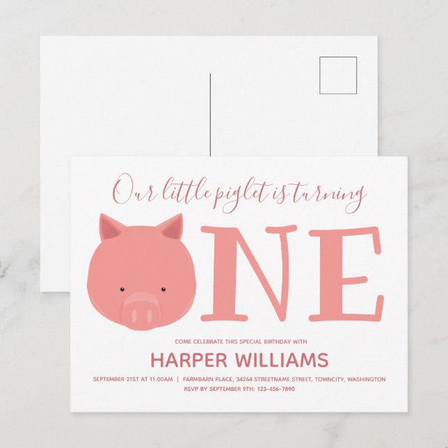 Little Piglet Turning One Animal First Birthday Invitation Postcard (Front/Back)