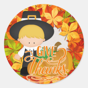 Little Pilgrim Boy - Give Thanks Classic Round Sticker