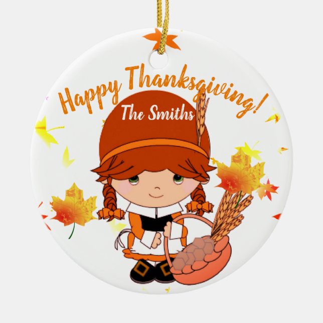 Little Pilgrim Thanksgiving Custom Ceramic Ornament (Front)
