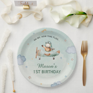 Little Pilot Green Sky 1st Birthday Airplane Party Paper Plate