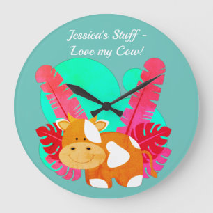 Little pink cow counting time large clock