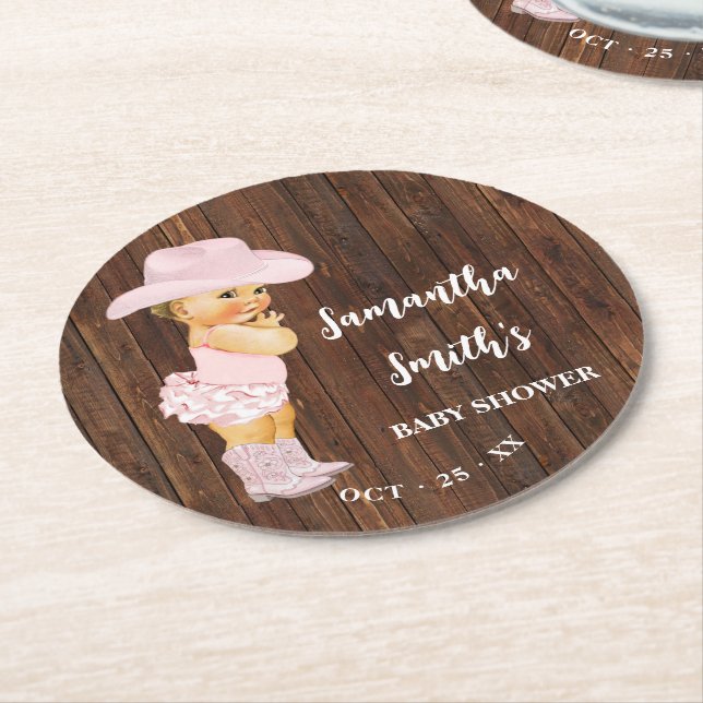 Little Pink Cowgirl Western Baby Shower Round Paper Coaster (Angled)