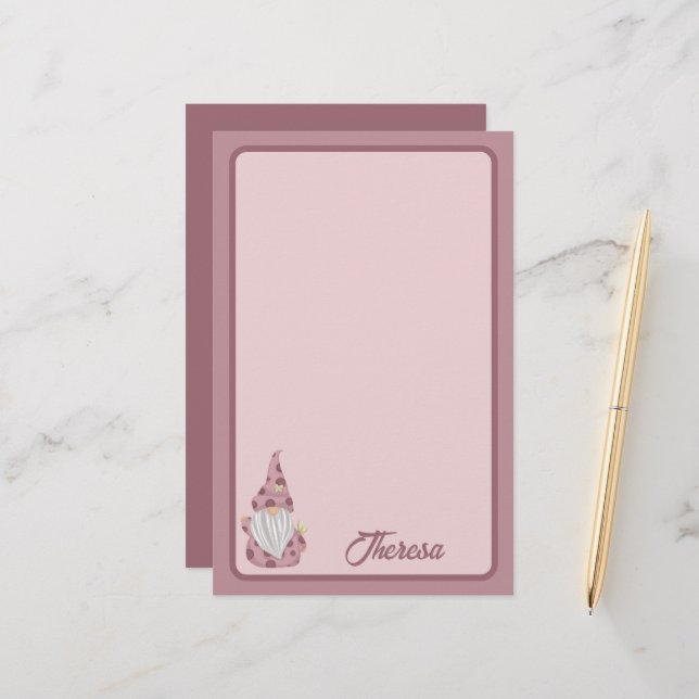 Little Pink Gnome Detailed Stationery (Front/Back In Situ)