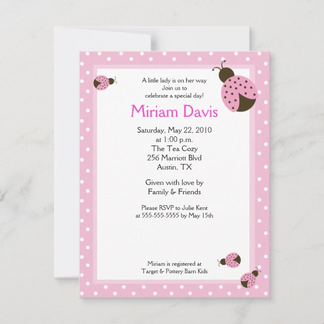 Little Pink Ladybugs 4x5 Baby Shower Invitations (Front)