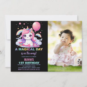 Little Pink Unicorn Birthday Invitations with phot