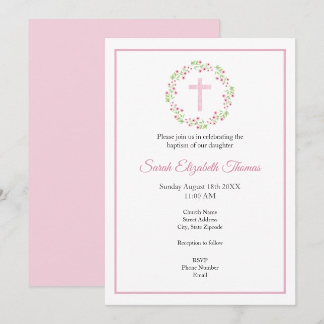 Little Pink Watercolor Blossoms Wreath & Cross Invitation (Front/Back)