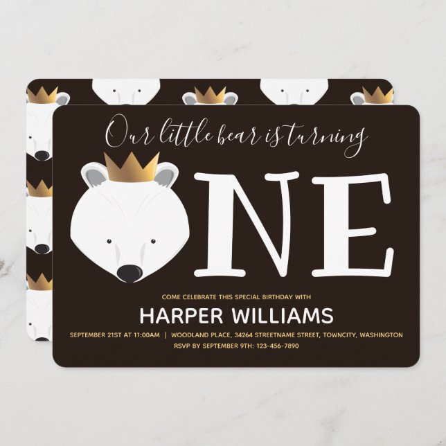 Little Polar Bear Crown One Animal First Birthday Invitation (Front/Back)