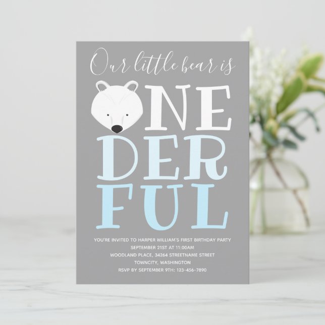 Little Polar Bear Wonderful One 1st Birthday Invit Invitation (Standing Front)