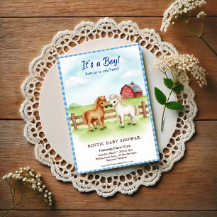Little Pony Baby Boy Shower Gingham Invitation Postcard