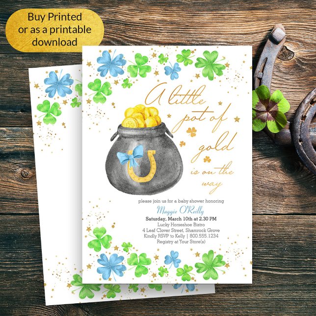 Little Pot of Gold Blue Green Shamrock Baby Shower Invitation (Boy Baby Shower Lucky Irish Themed Invitation)