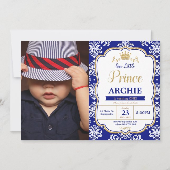 Little Prince 1st Birthday Royal Blue Damask Photo Invitation (Front)