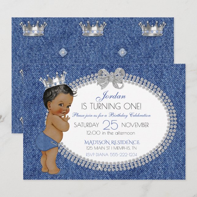 Little Prince African American Denim & Diamonds Invitation (Front/Back)