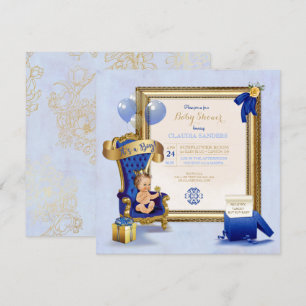 Little Prince Baby Boy Gold Crown Royal Blue Invitation