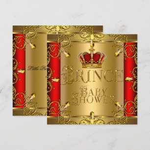 Little Prince Baby Shower Boy Red Gold Crown Invitation