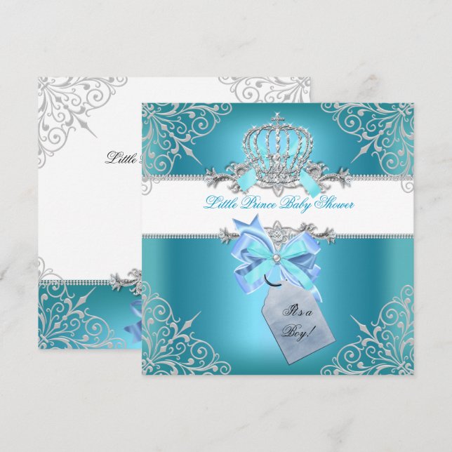 Little Prince Baby Shower Boy Teal Blue Crown 6 Invitation (Front/Back)