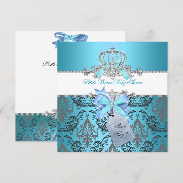 Little Prince Baby Shower Boy Teal Blue Crown 8 Invitation (Front/Back)