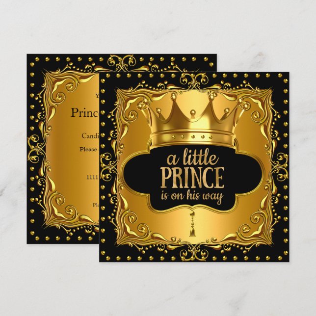Little Prince Baby Shower Gold Foil Crown Black Invitation (Front/Back)
